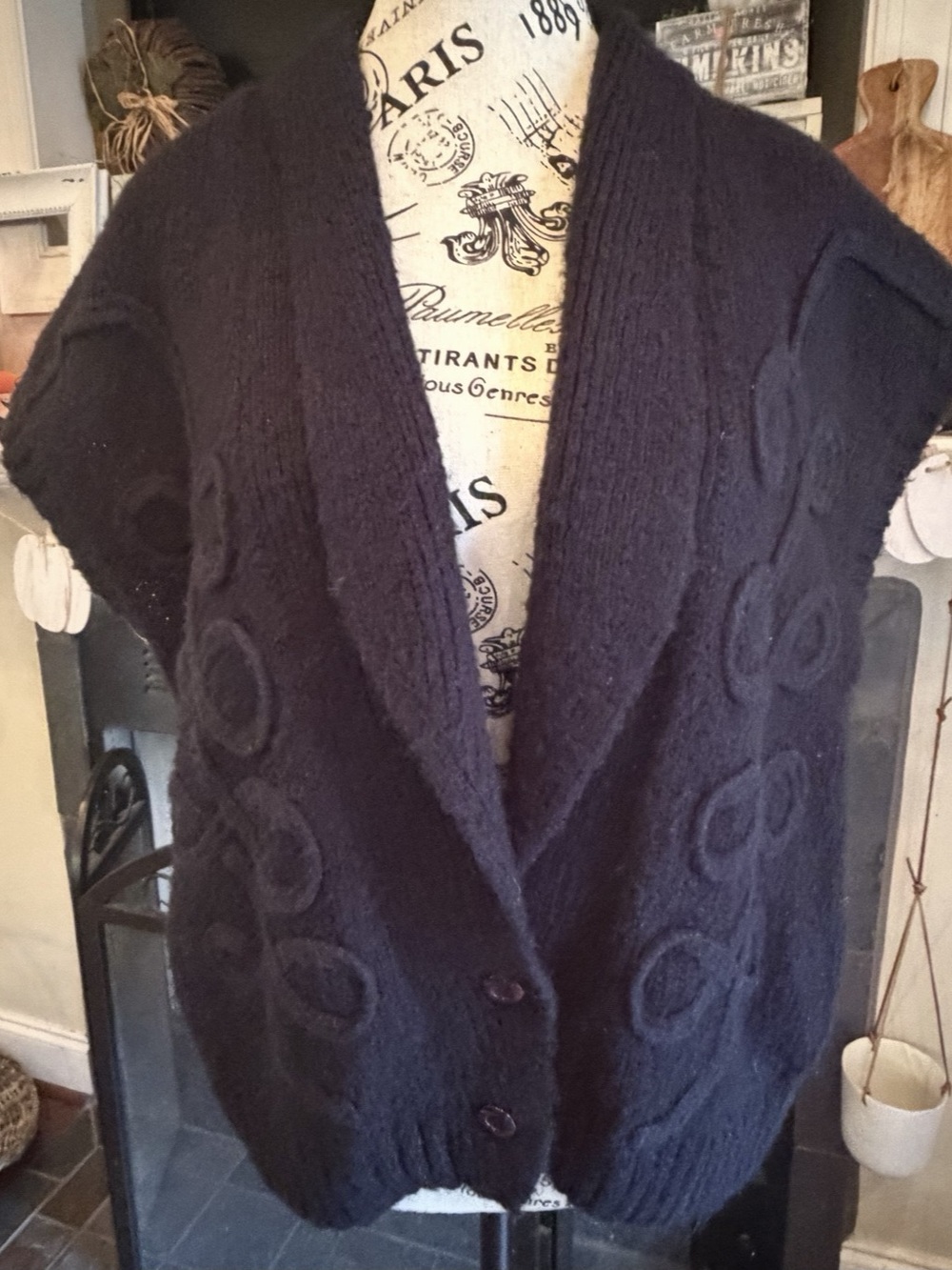 VTG 80s Lindsey Blake Chunky Knit Shawl Vest Black Medium Phoebe Buffay Whimsigo